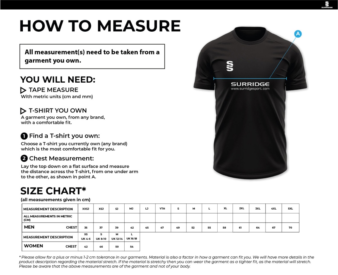 Whittlesey CC - T20 Polo Shirt - Size Guide